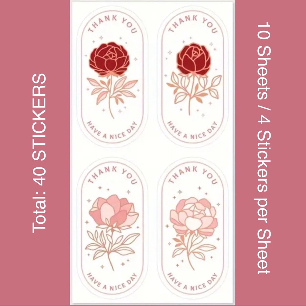 (36) Set of 40 Rectangular “Thank You” Rose Stickers (2 designs)